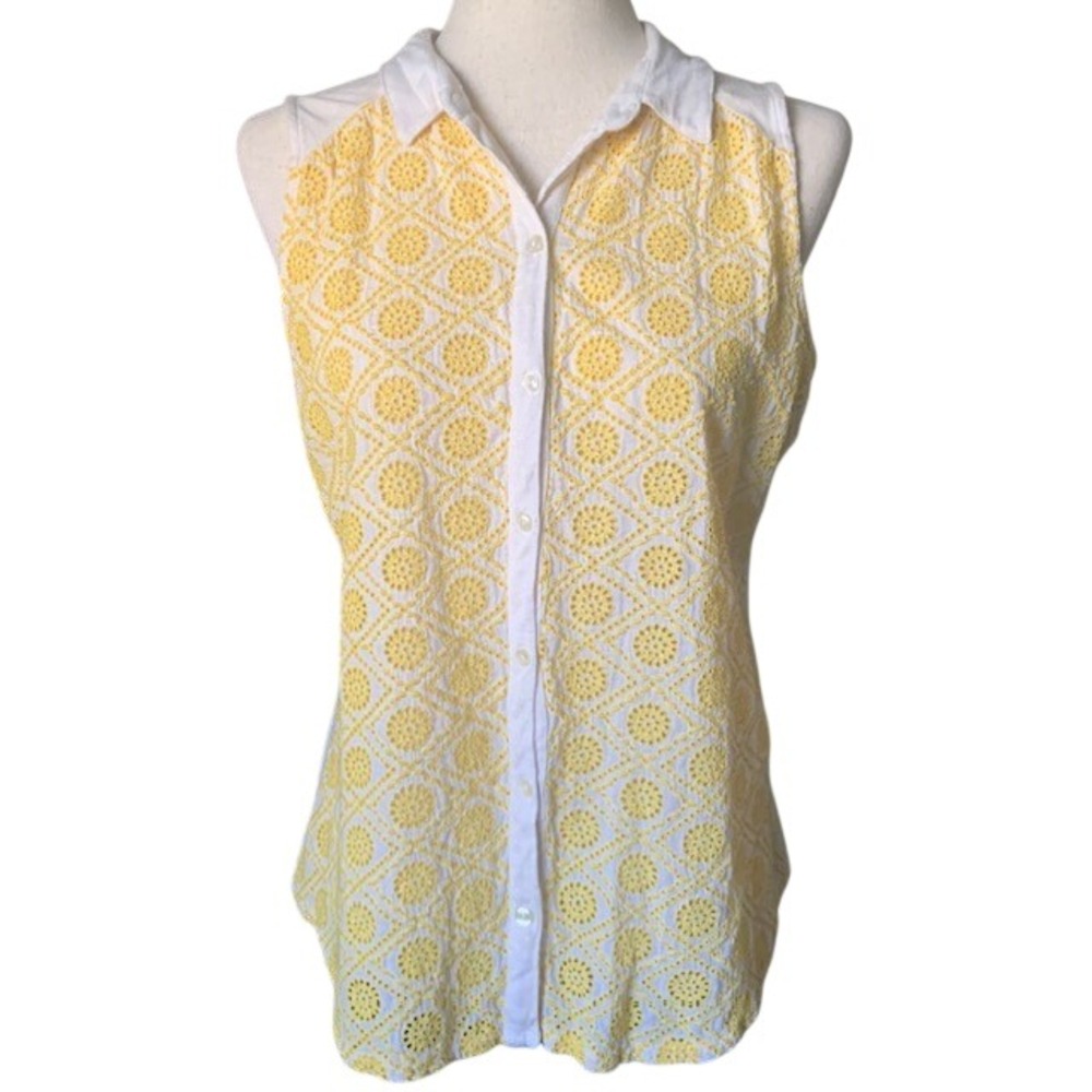 Lucky Brand Yellow Embroidered Top L Sleeveless Boho Coastal Eyelet Euro Summer